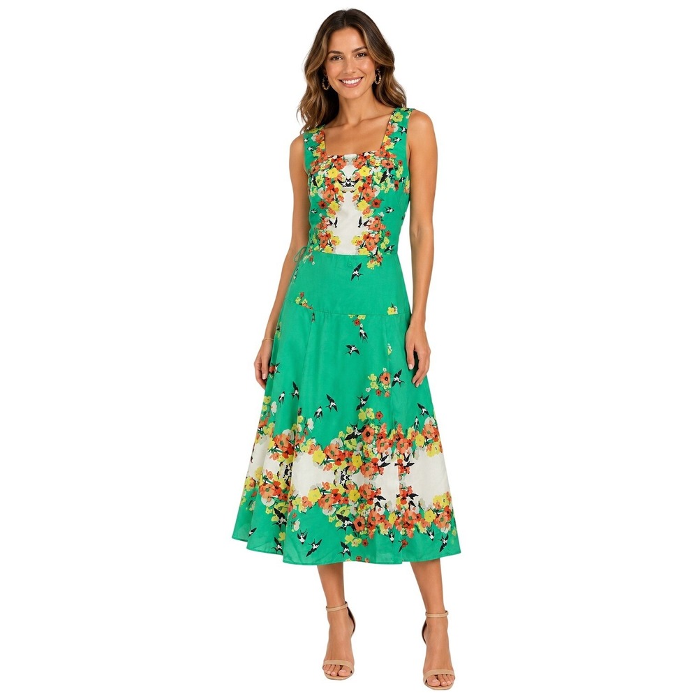 Rabbit Rabbit Rabbit Designs Floral Bird Sleeveless Square Neck Midi Dress Sz 10
